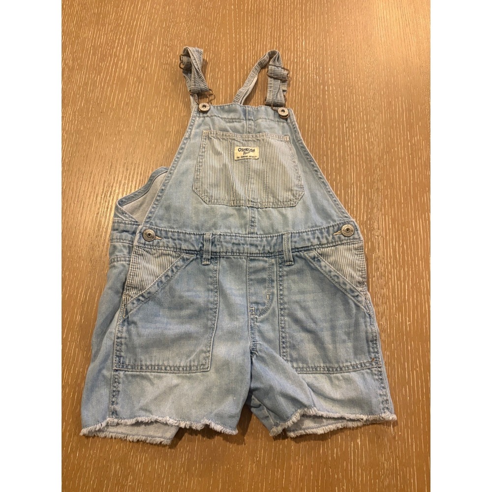OshKosh B'gosh Girls Denim Short Overalls Size 7 Light Wash Striped Pocket